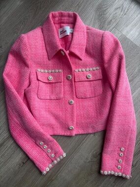 Self-Portrait Hot Pink Tweed Pearl-Trim Cropped Blazer Size 8 Like New